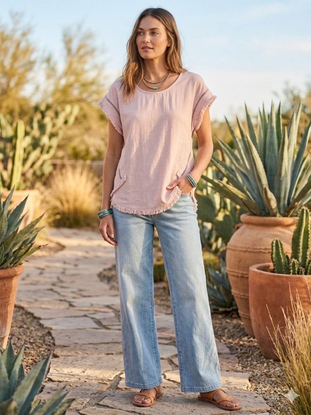 Sundance Boho Fringe Linen Blend Blouse Ladder Stitch Trim Dusty Rose Pink Sz M